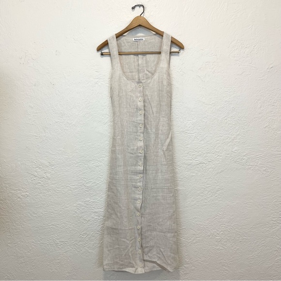 Reformation Grover Linen Dress Beige Oatmeal Midi Maxi Button Front fits XL 12 - Picture 5 of 15